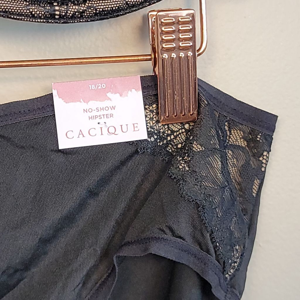 Cacique Unlined Full Coverage Black Lace Bra No Show Hipster Panties Set 46G - Picture 9 of 13
